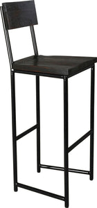 Gloss black metal stool with back with black stain ash wood made in UK - angle view round frame
