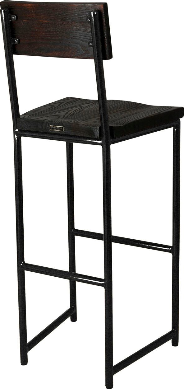 Gloss black metal stool with back with black stain ash wood made in UK - back side view round frame