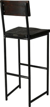 Load image into Gallery viewer, Gloss black metal stool with back with black stain ash wood made in UK - back side view round frame
