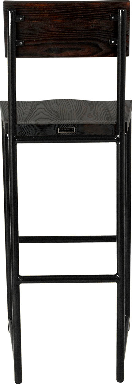 Gloss black metal stool with back with black stain ash wood made in UK - back view round frame