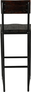 Gloss black metal stool with back with black stain ash wood made in UK - back view round frame