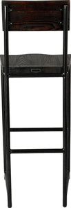 Gloss black metal stool with back with black stain ash wood made in UK - back view round frame