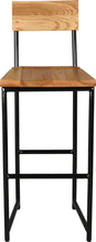 Load image into Gallery viewer, Gloss black metal stool with back with natural stain ash wood made in UK - front view round frame

