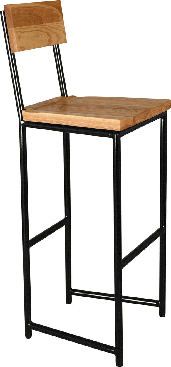 Gloss black metal stool with back with natural stain ash wood made in UK - angle view round frame