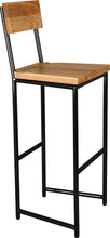 Load image into Gallery viewer, Gloss black metal stool with back with natural stain ash wood made in UK - angle view round frame
