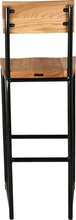Load image into Gallery viewer, Gloss black metal stool with back with natural stain ash wood made in UK - back view round frame

