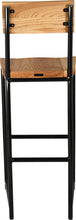 Load image into Gallery viewer, Gloss black metal stool with back with natural stain ash wood made in UK - back view round frame
