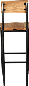 Gloss black metal stool with back with natural stain ash wood made in UK - back view round frame