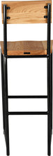 Load image into Gallery viewer, Gloss black metal stool with back with natural stain ash wood made in UK - back view round frame
