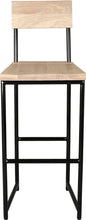 Load image into Gallery viewer, Gloss black metal stool with back with whitewash stain ash wood made in UK - front view round frame
