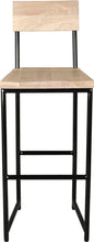 Load image into Gallery viewer, Gloss black metal stool with back with whitewash stain ash wood made in UK - front view round frame
