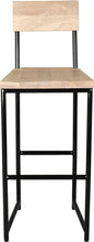 Load image into Gallery viewer, Gloss black metal stool with back with whitewash stain ash wood made in UK - front view round frame
