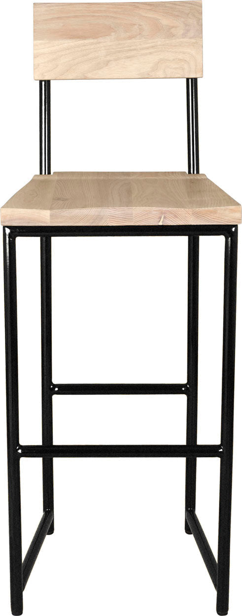Gloss black metal stool with back with whitewash stain ash wood made in UK - front view round frame