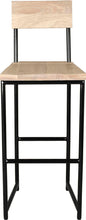 Load image into Gallery viewer, Gloss black metal stool with back with whitewash stain ash wood made in UK - front view round frame
