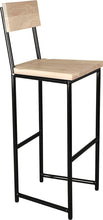 Load image into Gallery viewer, Gloss black metal stool with back with whitewash stain ash wood made in UK - angle view round frame
