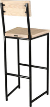Load image into Gallery viewer, Gloss black metal stool with back with whitewash stain ash wood made in UK - back side view round frame
