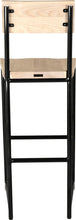 Load image into Gallery viewer, Gloss black metal stool with back with whitewash stain ash wood made in UK - back view round frame
