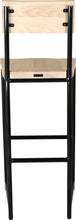 Load image into Gallery viewer, Gloss black metal stool with back with whitewash stain ash wood made in UK - back view round frame
