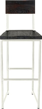 Load image into Gallery viewer, Gloss white metal stool with back with black stain ash wood made in UK - front view round frame
