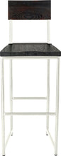 Load image into Gallery viewer, Gloss white metal stool with back with black stain ash wood made in UK - front view round frame
