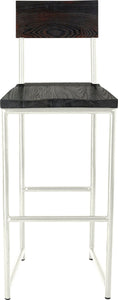Gloss white metal stool with back with black stain ash wood made in UK - front view round frame