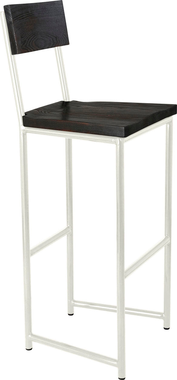Gloss white metal stool with back with black stain ash wood made in UK - angle view round frame