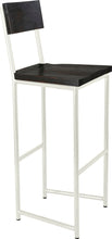 Load image into Gallery viewer, Gloss white metal stool with back with black stain ash wood made in UK - angle view round frame
