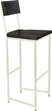 Load image into Gallery viewer, Gloss white metal stool with back with black stain ash wood made in UK - angle view round frame

