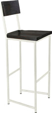 Load image into Gallery viewer, Gloss white metal stool with back with black stain ash wood made in UK - angle view round frame
