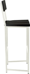 Gloss white metal stool with back with black stain ash wood made in UK - side view round frame