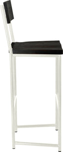 Gloss white metal stool with back with black stain ash wood made in UK - side view round frame
