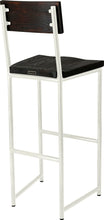 Load image into Gallery viewer, Gloss white metal stool with back with black stain ash wood made in UK - back side view round frame
