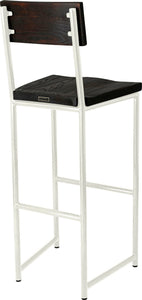 Gloss white metal stool with back with black stain ash wood made in UK - back side view round frame