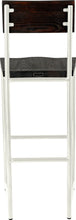Load image into Gallery viewer, Gloss white metal stool with back with black stain ash wood made in UK - back view round frame
