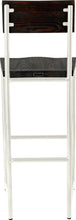 Load image into Gallery viewer, Gloss white metal stool with back with black stain ash wood made in UK - back view round frame
