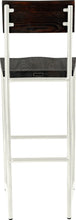 Load image into Gallery viewer, Gloss white metal stool with back with black stain ash wood made in UK - back view round frame
