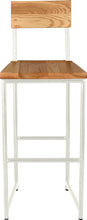 Load image into Gallery viewer, Gloss white metal stool with back with natural stain ash wood made in UK - front view round frame
