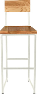 Gloss white metal stool with back with natural stain ash wood made in UK - front view round frame