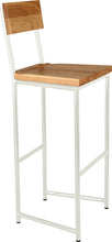 Load image into Gallery viewer, Gloss white metal stool with back with natural stain ash wood made in UK - angle view round frame
