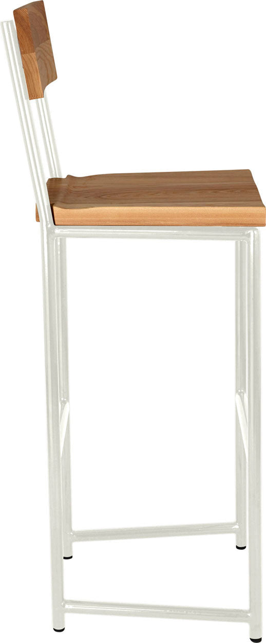 Gloss white metal stool with back with natural stain ash wood made in UK - side view round frame