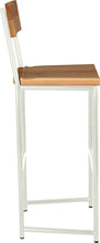Load image into Gallery viewer, Gloss white metal stool with back with natural stain ash wood made in UK - side view round frame
