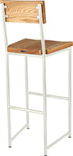 Load image into Gallery viewer, Gloss white metal stool with back with natural stain ash wood made in UK - back side view round frame
