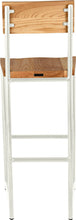 Load image into Gallery viewer, Gloss white metal stool with back with natural stain ash wood made in UK - back view round frame
