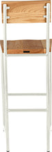 Load image into Gallery viewer, Gloss white metal stool with back with natural stain ash wood made in UK - back view round frame
