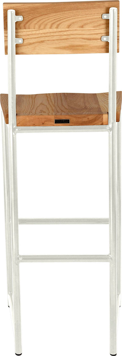 Gloss white metal stool with back with natural stain ash wood made in UK - back view round frame
