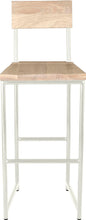 Load image into Gallery viewer, Gloss white metal stool with back with whitewash stain ash wood made in UK - front view round frame
