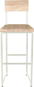 Gloss white metal stool with back with whitewash stain ash wood made in UK - front view round frame