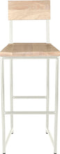 Load image into Gallery viewer, Gloss white metal stool with back with whitewash stain ash wood made in UK - front view round frame
