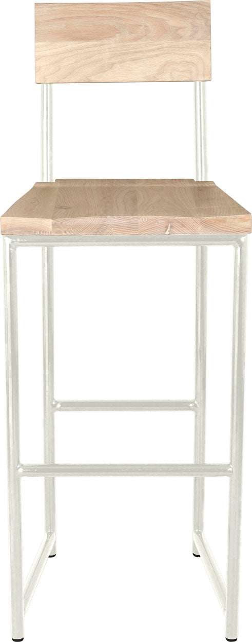 Gloss white metal stool with back with whitewash stain ash wood made in UK - front view round frame
