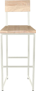 Gloss white metal stool with back with whitewash stain ash wood made in UK - front view round frame
